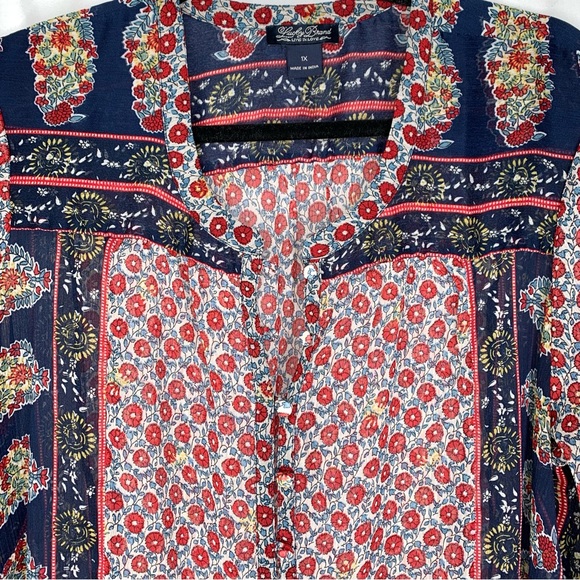 Lucky Brand Red and Blue Sheer Boho Blouse size 1X Excellent Condition - Picture 3 of 7